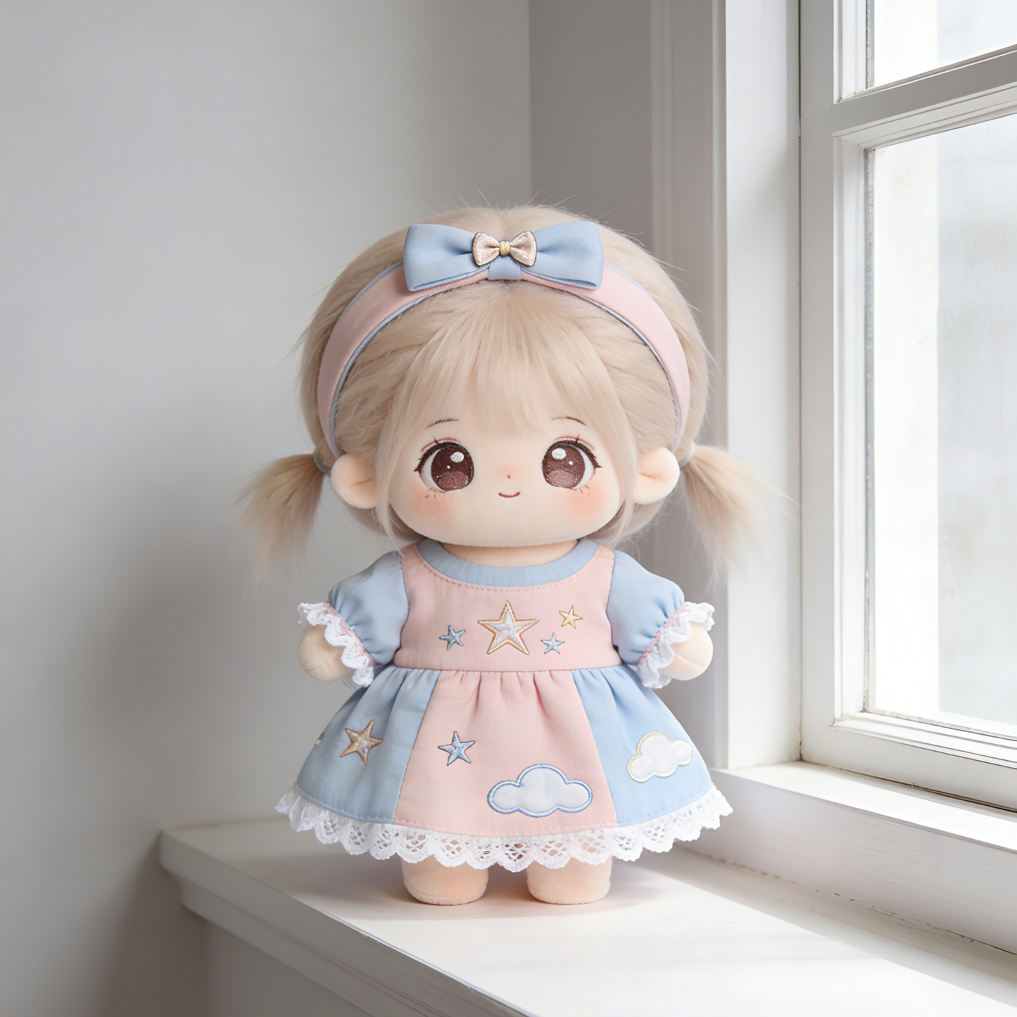 Pastel Cloud & Star Embroidered Dress Set - Pink & Blue Color Block Outfit with Headband for 20cm Plush Dolls