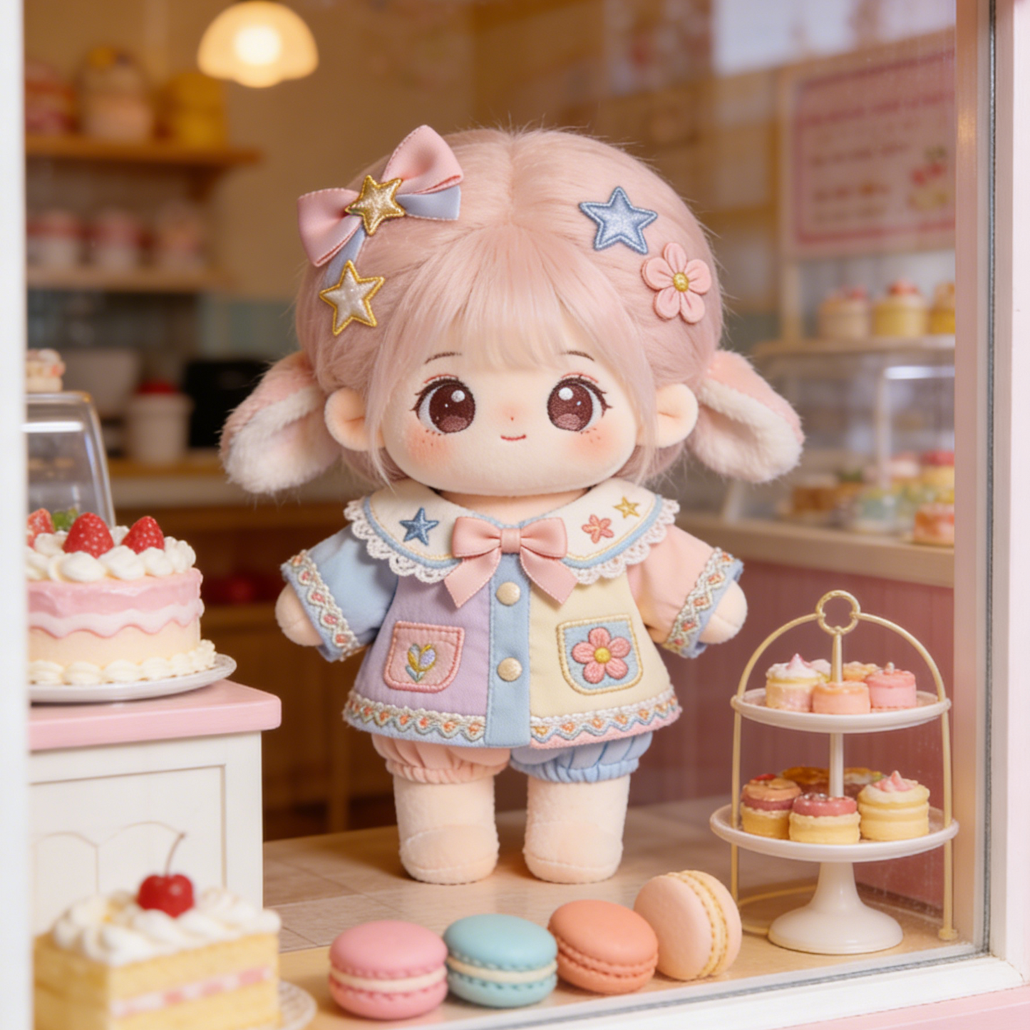 Bunny Ear Color Block Jacket & Bloomers Set - Pink, Blue, Purple Pastel Outfit with Star & Flower Embroidery for 20cm Plush Dolls