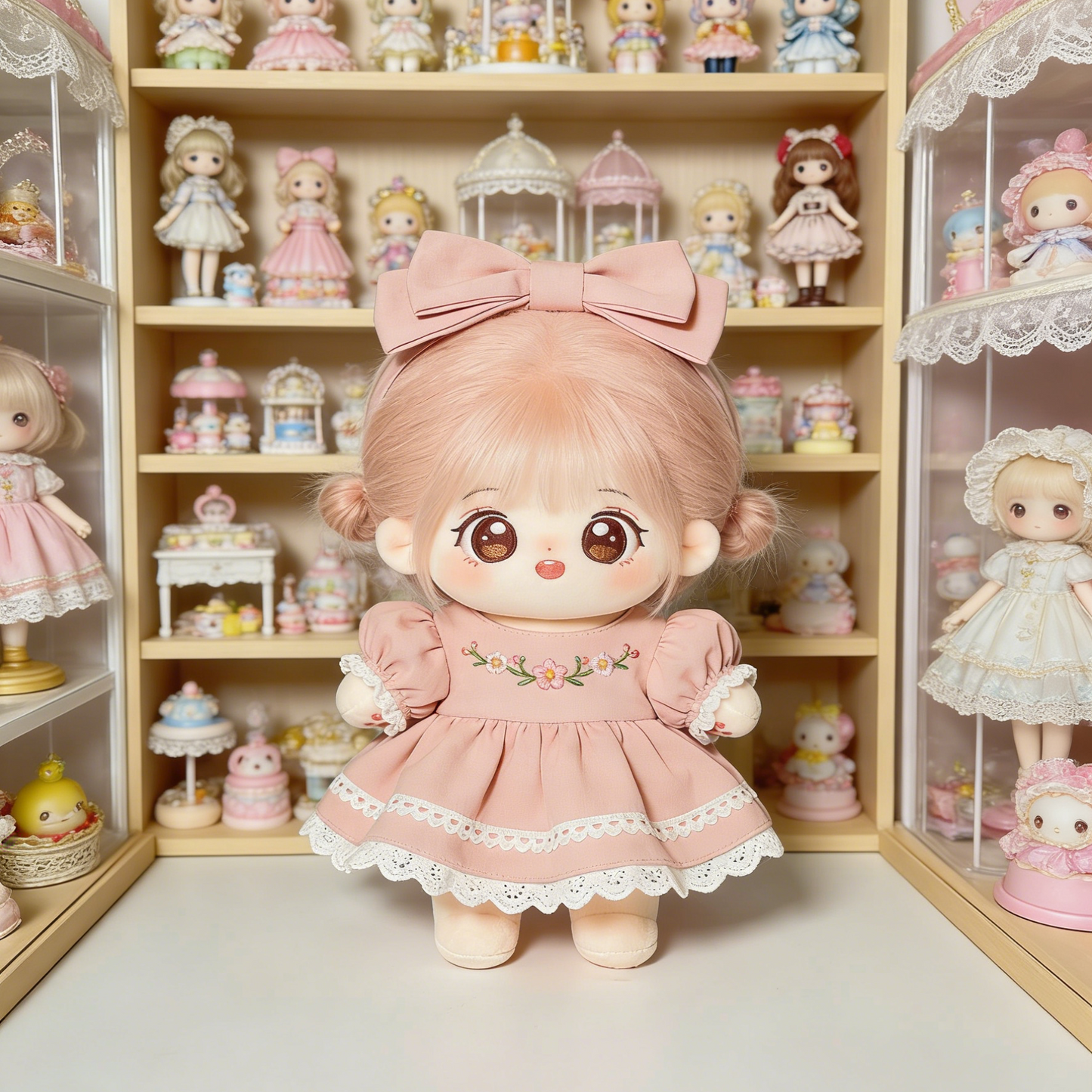 Cherry Blossom Embroidered Pink Dress Set - Floral Embroidered Outfit with Large Bow Headband for 20cm Plush Dolls