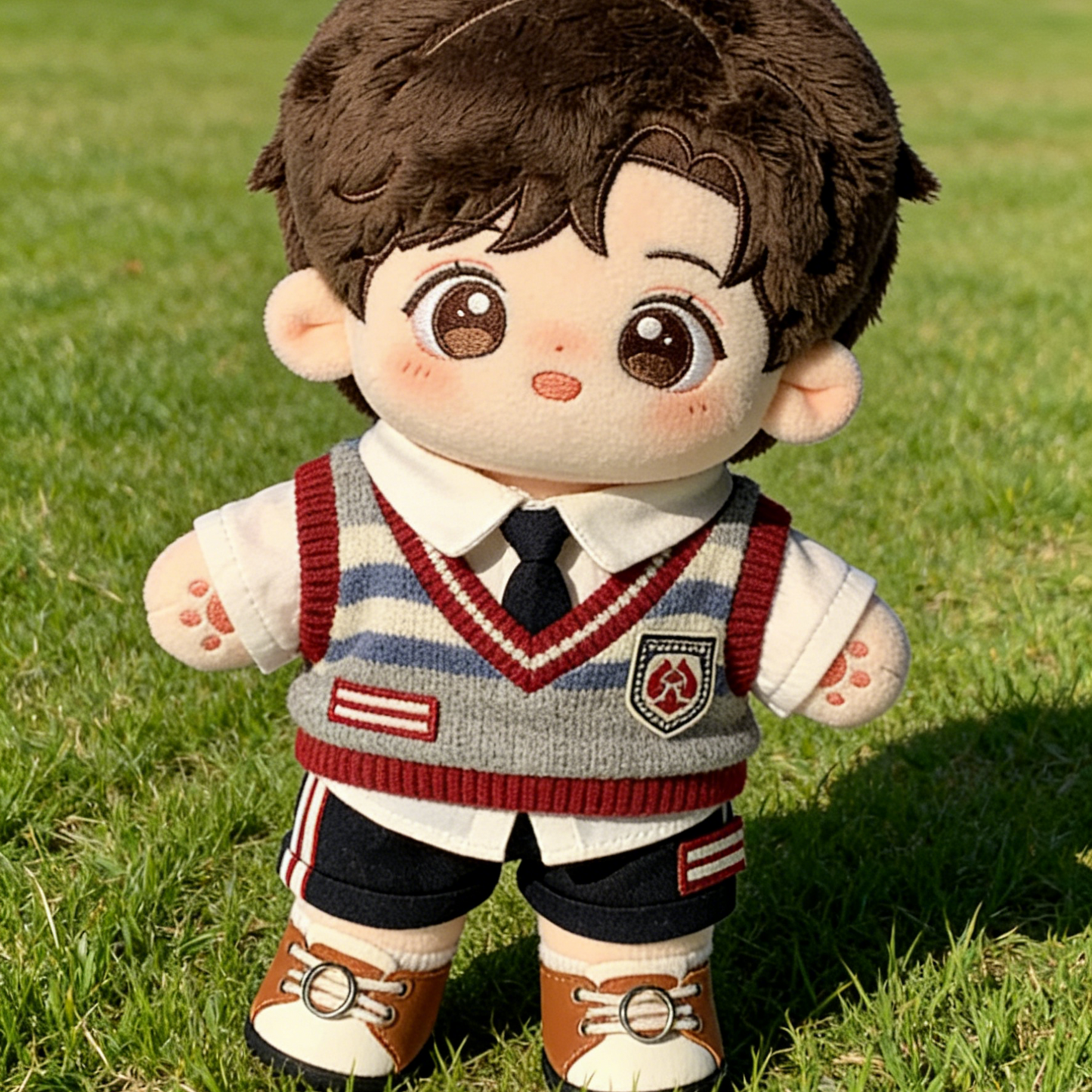 Vintage Preppy Knit Vest School Uniform Set - Grey, Red & Blue Outfit with Sneakers for 20cm Plush Dolls