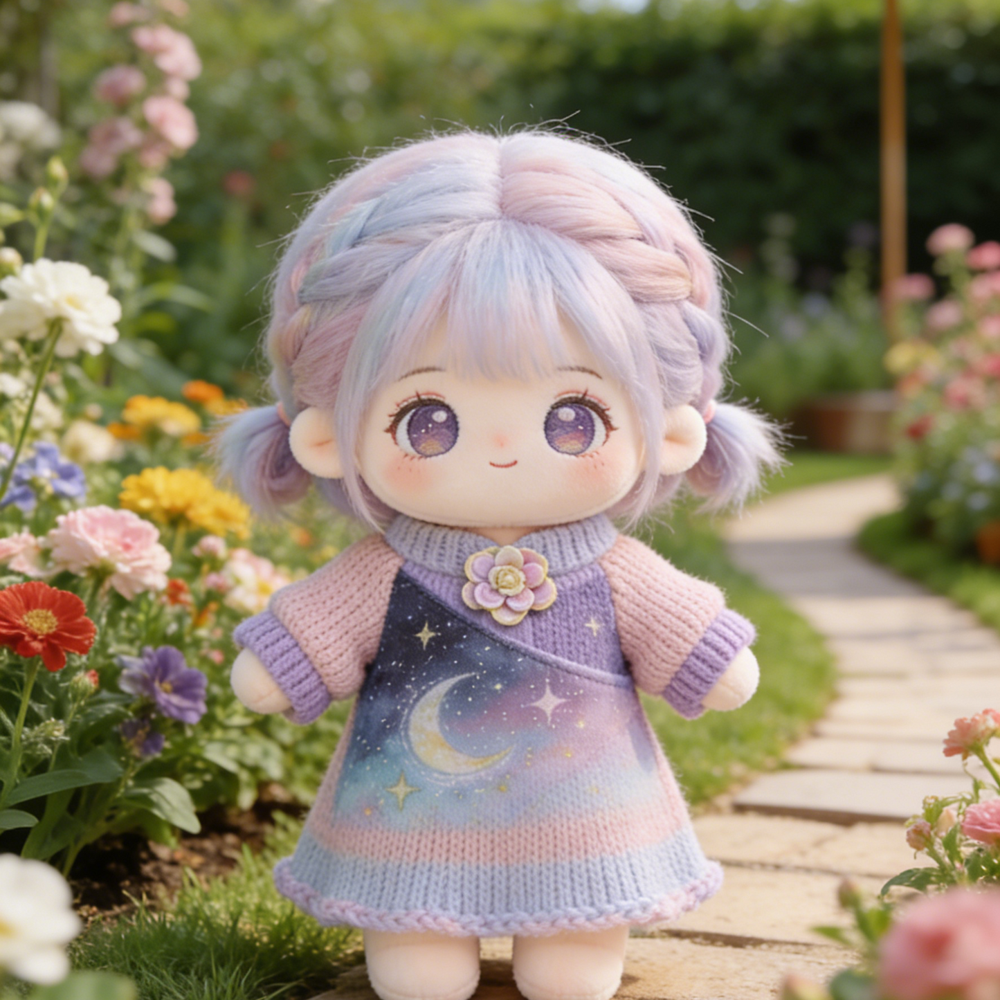 Starry Night Gradient Knit & Chiffon Dress Set - Purple-Blue-Pink Ombre Outfit for 20cm Plush Dolls with Flower Brooch