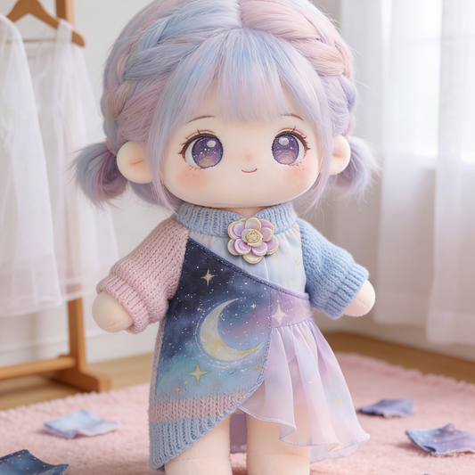 Starry Night Gradient Knit & Chiffon Dress Set - Purple-Blue-Pink Ombre Outfit for 20cm Plush Dolls with Flower Brooch