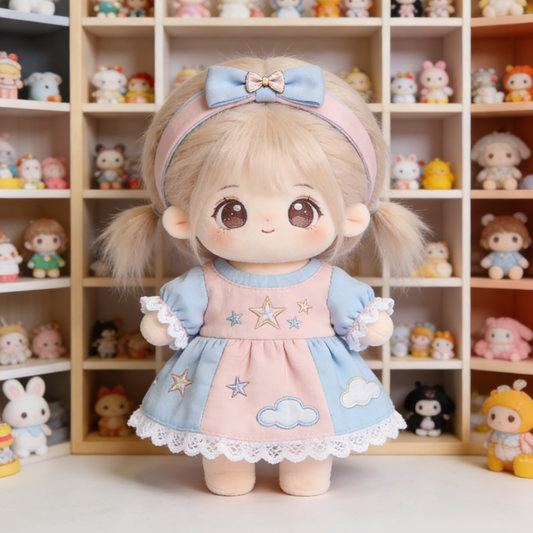 Pastel Cloud & Star Embroidered Dress Set - Pink & Blue Color Block Outfit with Headband for 20cm Plush Dolls