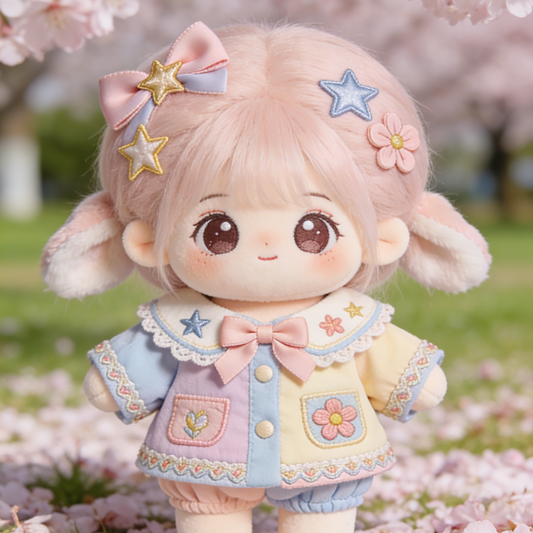 Bunny Ear Color Block Jacket & Bloomers Set - Pink, Blue, Purple Pastel Outfit with Star & Flower Embroidery for 20cm Plush Dolls