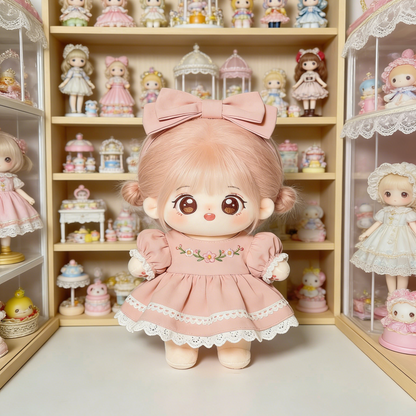 Cherry Blossom Embroidered Pink Dress Set - Floral Embroidered Outfit with Large Bow Headband for 20cm Plush Dolls