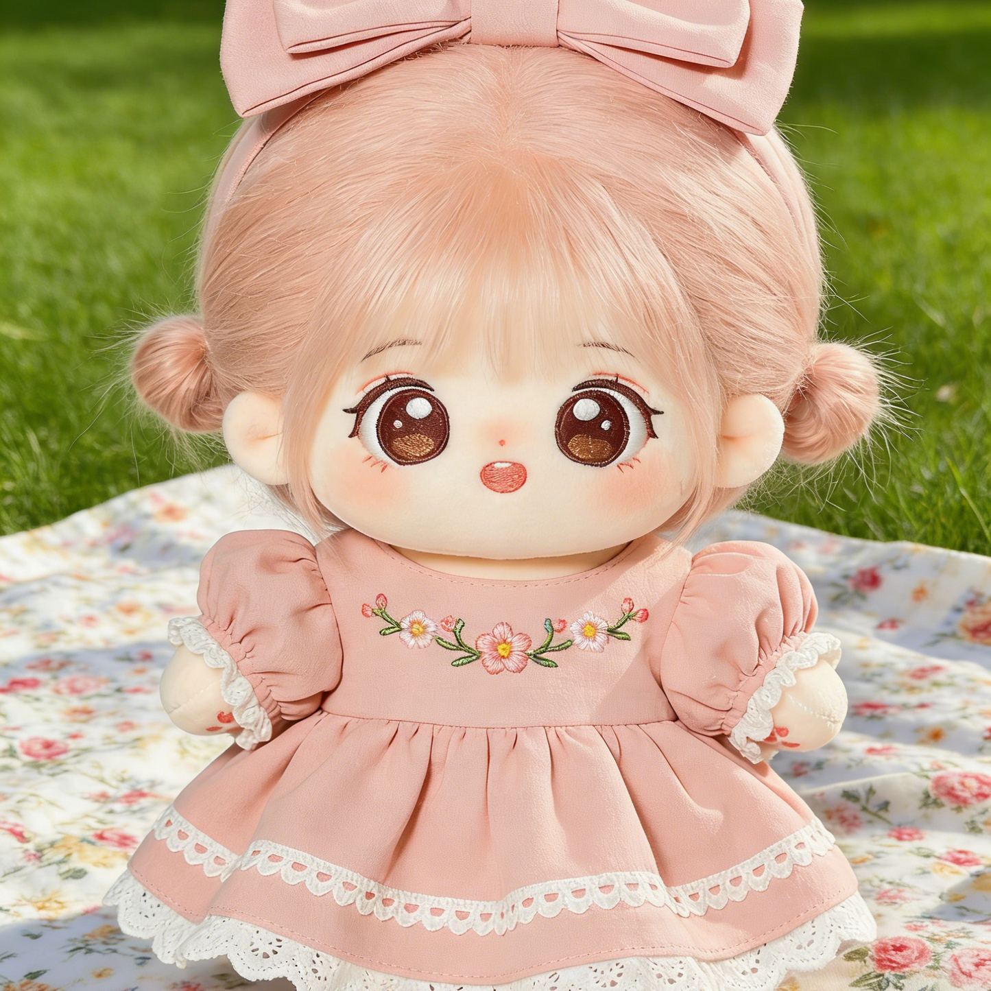 Cherry Blossom Embroidered Pink Dress Set - Floral Embroidered Outfit with Large Bow Headband for 20cm Plush Dolls