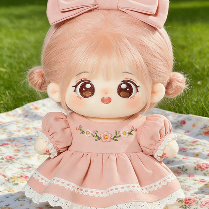 Cherry Blossom Embroidered Pink Dress Set - Floral Embroidered Outfit with Large Bow Headband for 20cm Plush Dolls