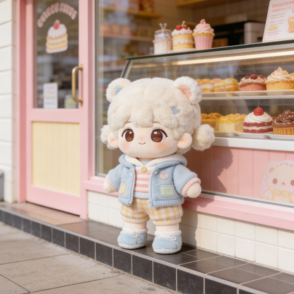 Teddy Bear Heart Fleece Jacket Set - Light Blue, Pink & Yellow Plaid Outfit for 20cm Plush Dolls with Bear Ears