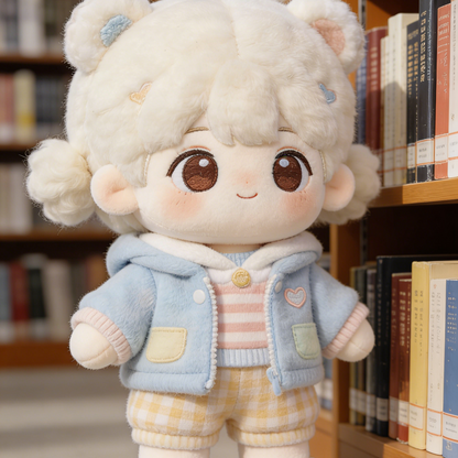 Teddy Bear Heart Fleece Jacket Set - Light Blue, Pink & Yellow Plaid Outfit for 20cm Plush Dolls with Bear Ears