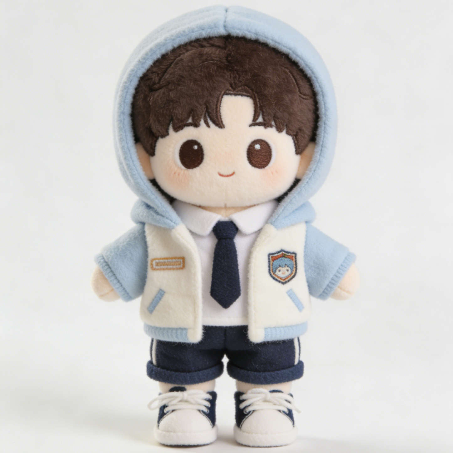 Preppy Baseball Jacket School Uniform Set - Blue, White & Navy Outfit with Sneakers for 20cm Plush Dolls
