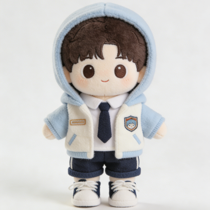 Preppy Baseball Jacket School Uniform Set - Blue, White & Navy Outfit with Sneakers for 20cm Plush Dolls