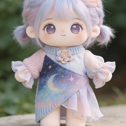 Starry Night Gradient Knit & Chiffon Dress Set - Purple-Blue-Pink Ombre Outfit for 20cm Plush Dolls with Flower Brooch