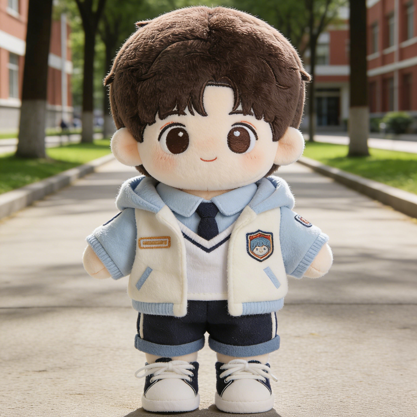 Preppy Baseball Jacket School Uniform Set - Blue, White & Navy Outfit with Sneakers for 20cm Plush Dolls