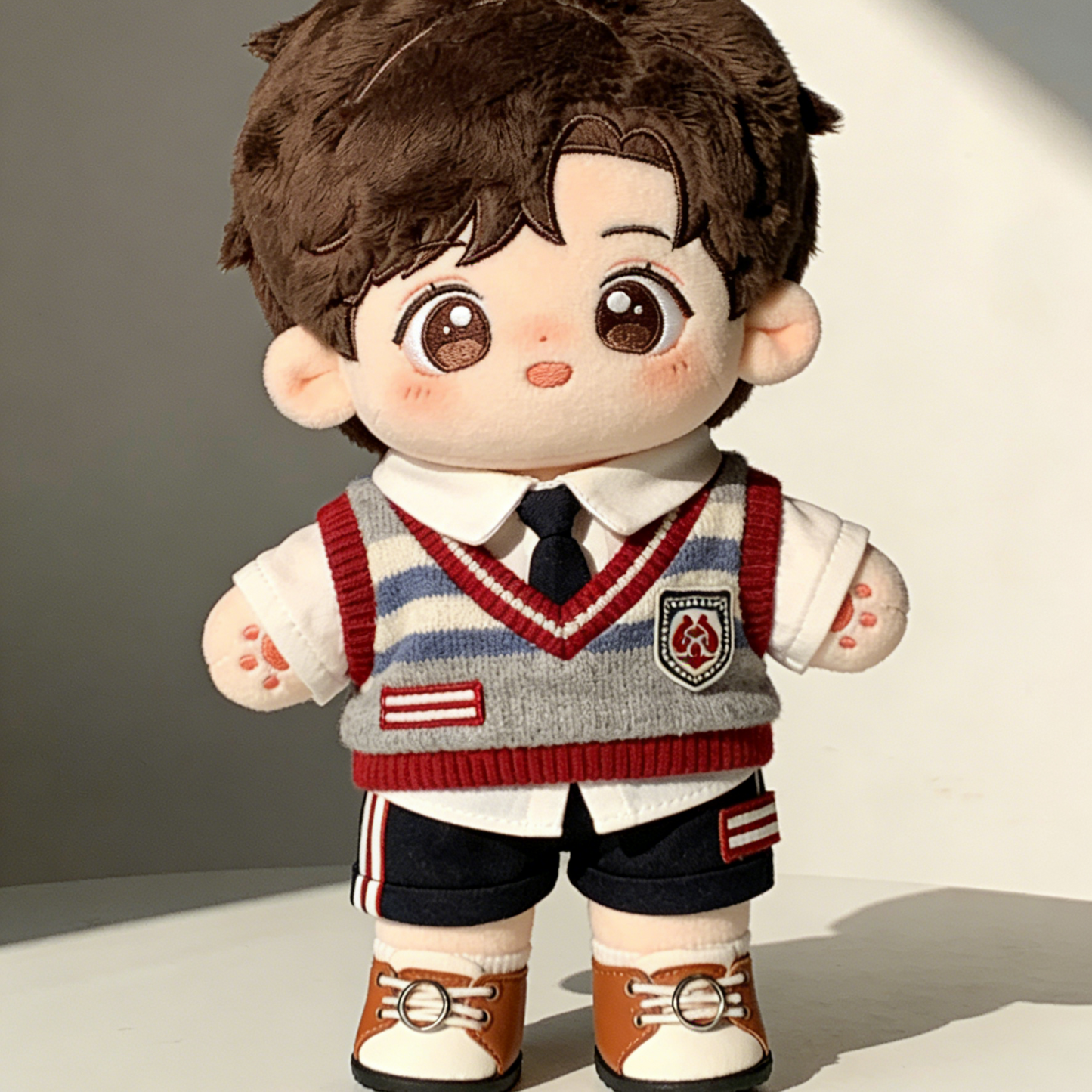 Vintage Preppy Knit Vest School Uniform Set - Grey, Red & Blue Outfit with Sneakers for 20cm Plush Dolls