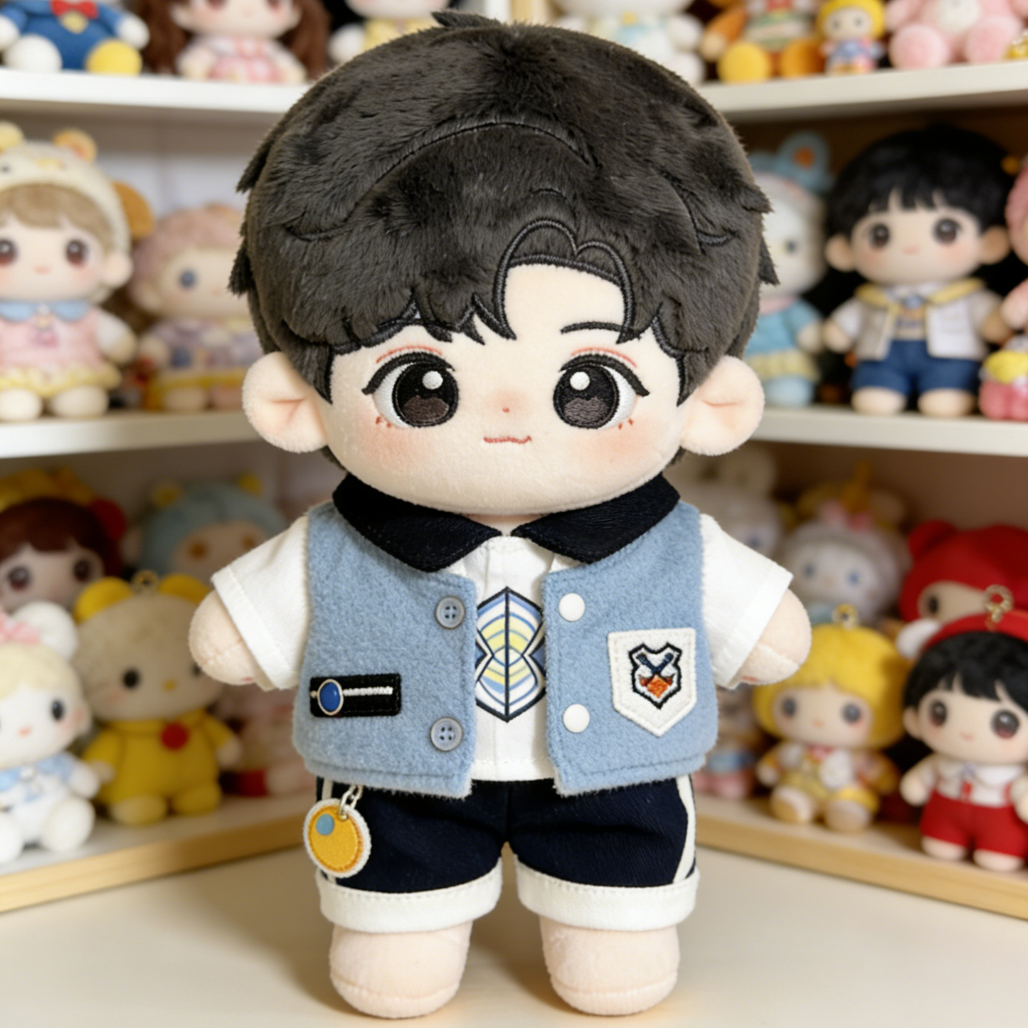 Streetwear Baseball Jacket Set - Light Blue, Black & White Outfit with Charm for 20cm Plush Dolls
