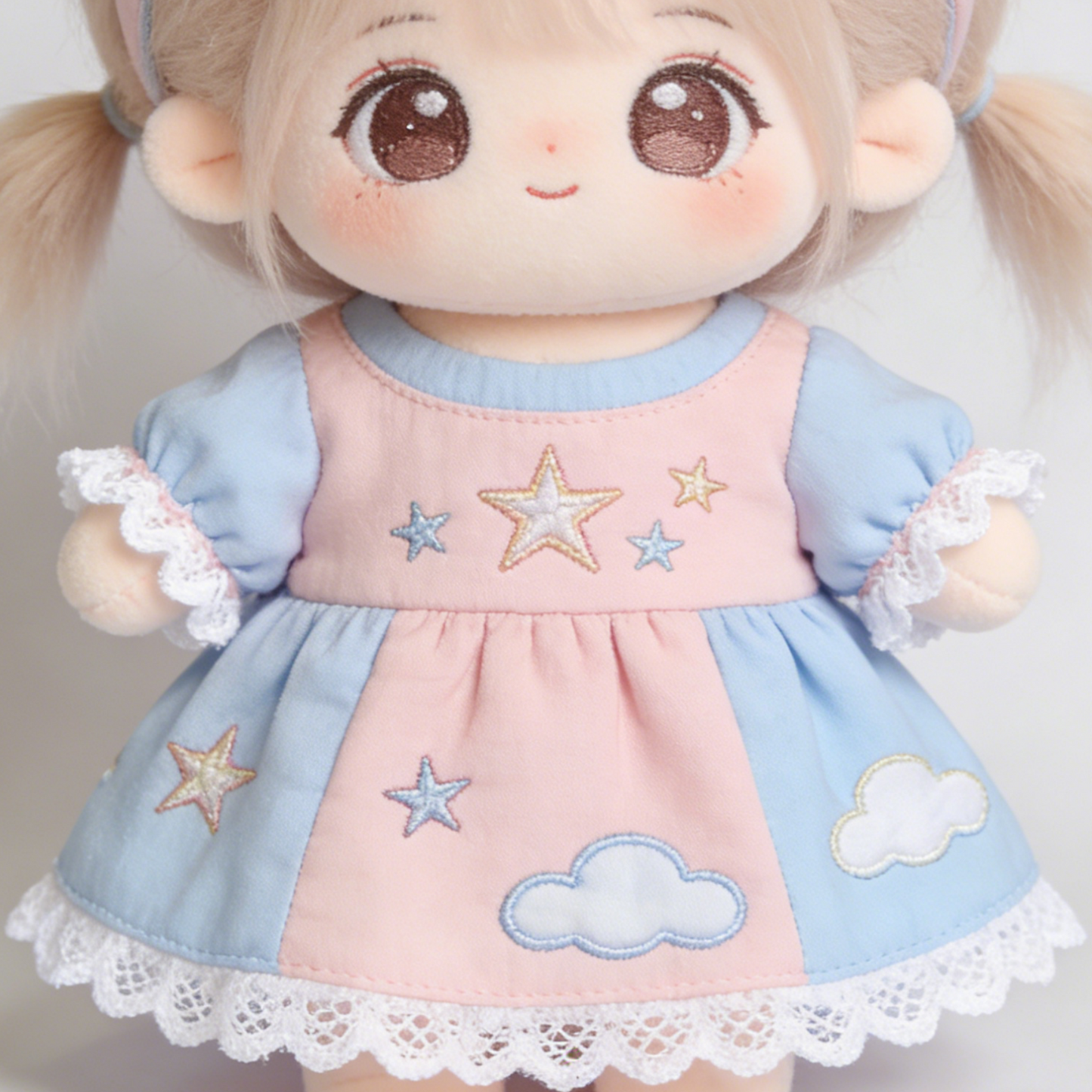 Pastel Cloud & Star Embroidered Dress Set - Pink & Blue Color Block Outfit with Headband for 20cm Plush Dolls