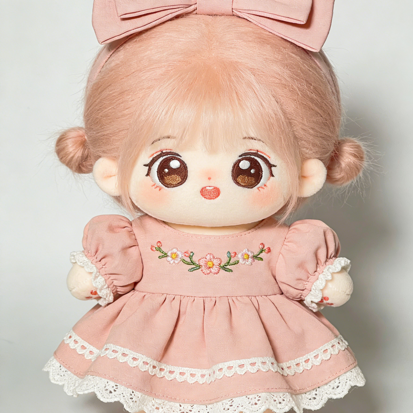 Cherry Blossom Embroidered Pink Dress Set - Floral Embroidered Outfit with Large Bow Headband for 20cm Plush Dolls