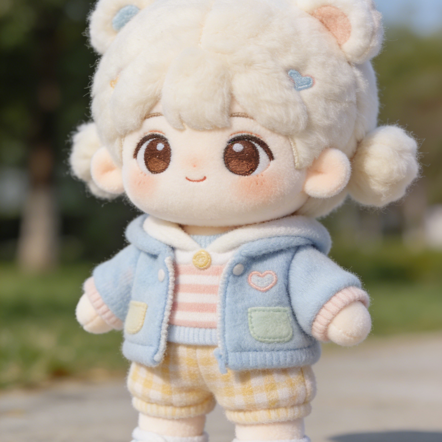 Teddy Bear Heart Fleece Jacket Set - Light Blue, Pink & Yellow Plaid Outfit for 20cm Plush Dolls with Bear Ears