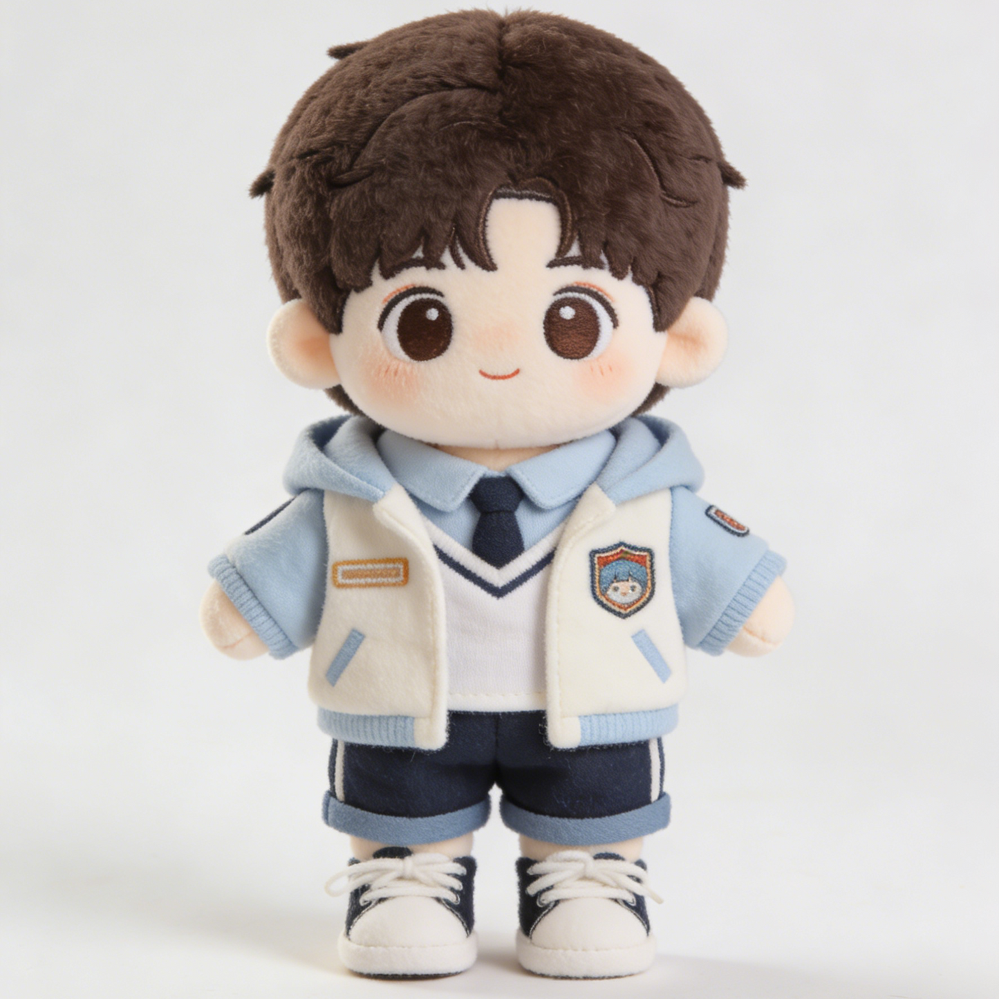 Preppy Baseball Jacket School Uniform Set - Blue, White & Navy Outfit with Sneakers for 20cm Plush Dolls