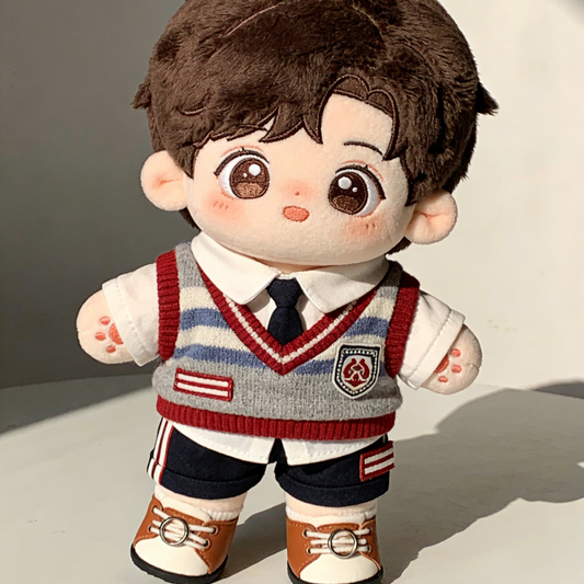 Vintage Preppy Knit Vest School Uniform Set - Grey, Red & Blue Outfit with Sneakers for 20cm Plush Dolls